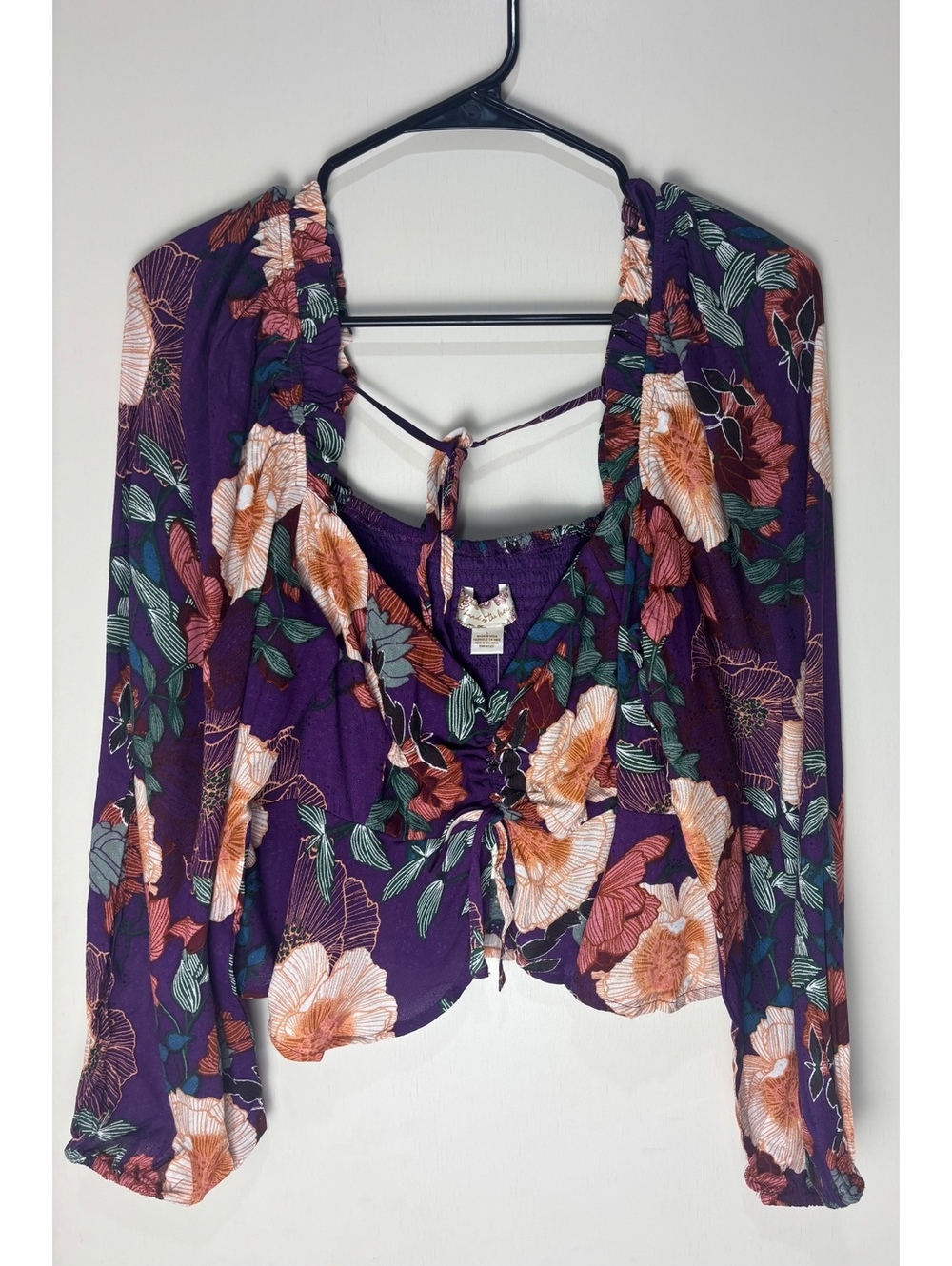NWT Band of Gypsies Floriane Floral Smocked Boho Top Large Purple